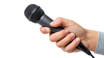 Hand holding wired microphone with blank press badge, ready for interview