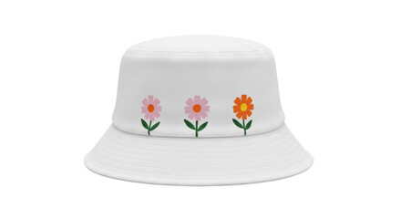 Isolated white bucket hat with flower design. Summer vacation headwear with bright floral pattern