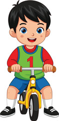 Cartoon child riding bicycle, training wheels, outdoor activity, smiling character, kids exercise, vector illustration, learning to cycle, fun motion