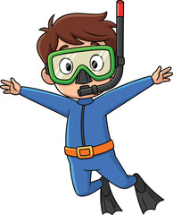 Cartoon child scuba diving underwater, wearing snorkel mask, fins, wetsuit, happy expression, marine adventure, ocean exploration, kids activity, fun