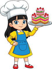 Cartoon girl chef holding cake tray, baking dessert scene, colorful layered sweets, culinary art, white background vector illustration for kids