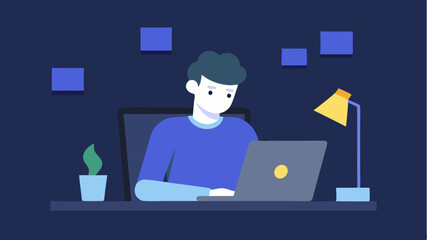 An aspiring entrepreneur working late at night in a coworking space surrounded by sticky notes and a laptop representing perseverance and dedication.