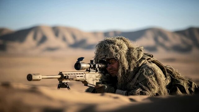 camouflaged marksman in ghillie suit lies prone in vast desert aiming precision rifle with scope and suppressor Distant mountains rise under clear blue sky