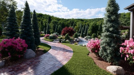 Obraz premium Beautiful garden pathway surrounded by lush greenery and colorful flowers on a sunny day in a tranquil setting