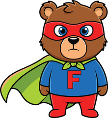 Cartoon superhero bear with red mask, green cape, letter F costume, serious expression, kids illustration, brave animal character, vector art