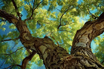 Fototapeta premium Sunlight filters through the vibrant green leaves of a majestic tree, its sturdy trunk reaching towards the clear blue sky