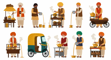 Multiple illustrations of South Asian men preparing and serving hot tea from various street stalls and carts © Faisal
