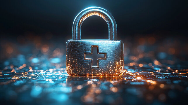 Silver padlock with medical cross on digital background Generative AI