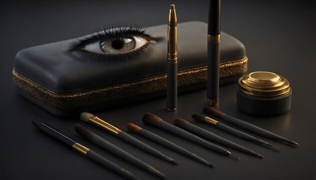 Artistic still life composition of various cosmetic and makeup items, hinting at beauty rituals and self-expression