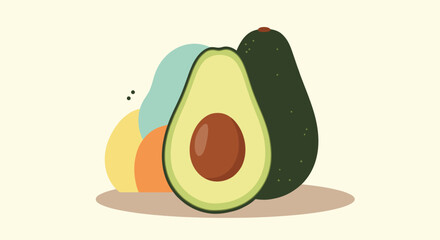 A vibrant still life illustration featuring ripe avocados and other colorful fruits on a muted background.