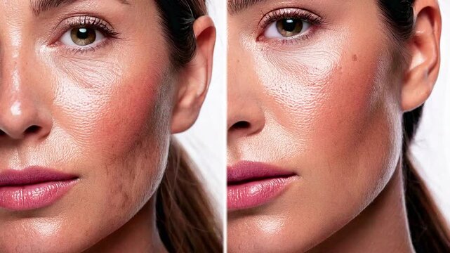 A woman's face before and after a beauty treatment procedure that reduces skin imperfections, such as post-acne scars, wrinkles, dark spots, and skin pigmentation