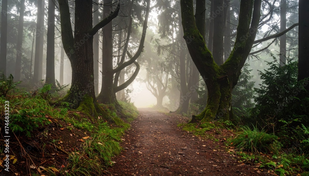 Wall mural serene forest pathway leading into misty woods with lush greenery and soft light filtering through t