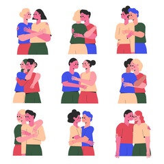 Fototapeta premium Hugging People Character Embrace Each Other Feel Warmth Vector Set