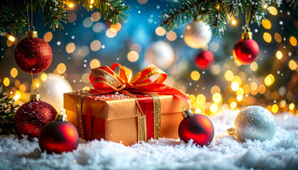 Golden Christmas Gift and Ornaments on Snowy Outdoor Background