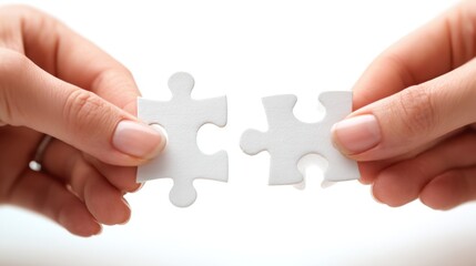Close Up of Two Female Hands Holding White Puzzle Pieces, Representing Connection, Problem Solving, Teamwork, and Collaboration in a Bright, Minimalistic Setting