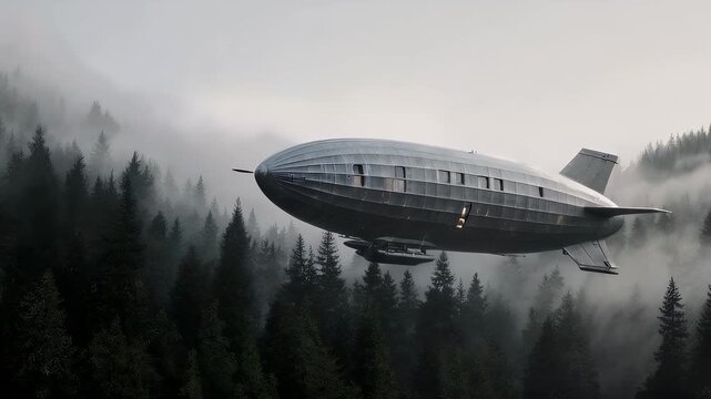 Gray Blimp Over Green Pine Forest Under a Misty Sky in the Morning