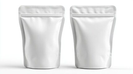 Two empty, white stand-up ziplock pouches with a smooth surface, suitable for packaging, storing food, herbs, or snacks, isolated on a clean background for marketing purposes