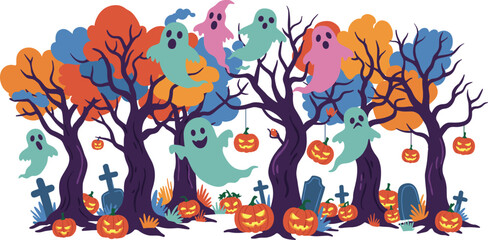 Colorful Halloween forest scene with cute ghosts flying through autumn trees jack o lantern pumpkins tombstones graveyard vector illustration banner