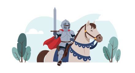 A brave knight in shining armor rides a majestic horse through a peaceful landscape.