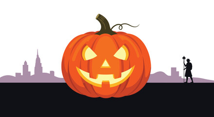 A giant carved jack-o-lantern dominates the skyline with a silhouette figure standing to the right.