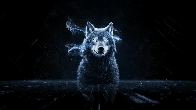 Digital Wolf With Blue Pixelated Texture in Dark Room With Fading Dots