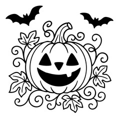 Cute Halloween Pumpkin Vector Illustration. Spooky Jack-O-Lantern and Bats. Outline Design. Coloring Book Page. SVG. Transparent Background. Printable Halloween Design.