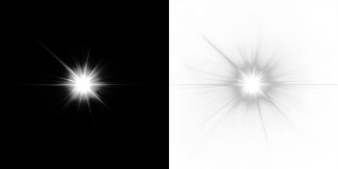 Bright light burst overlay on contrasting black and white backgrounds, creating a dynamic visual effect for creative projects and design applications