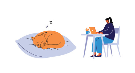 A person working on a laptop while their cat sleeps peacefully on a pillow nearby.