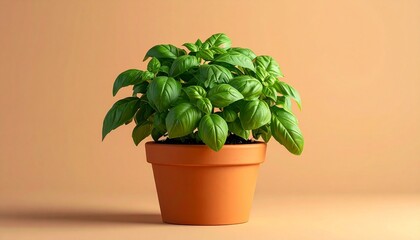 Fototapeta premium A healthy basil plant with vibrant green leaves grows densely in a brown plastic pot, 
