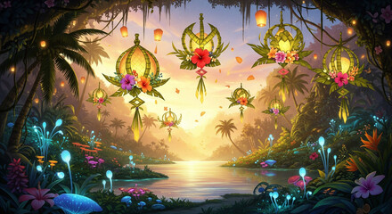 A glowing tropical paradise filled with floating decorations made of flowers and palm leaves, soft golden light, fantasy digital art,