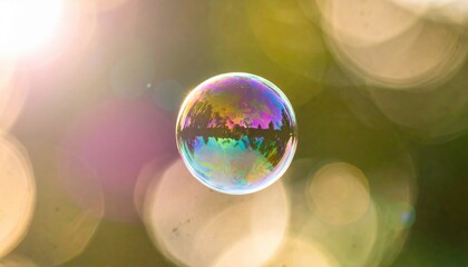 A vibrant soap bubble reflecting a colorful background of nature, capturing light and shadows