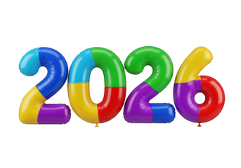 The year 2026 in colorful balloon style isolated on transparent background