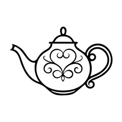 Elegant black and white outline of a decorative teapot with ornate scrollwork design