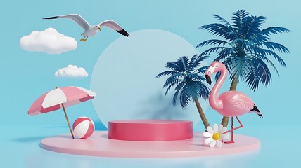 Obraz premium Pink podium with flamingo, palm tree, seagull, cloud and beach umbrella scene