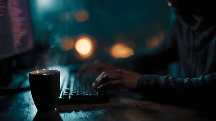 A programmer intensely coding at a dark desk illuminated by screen light with a steaming coffee mug beside the keyboard