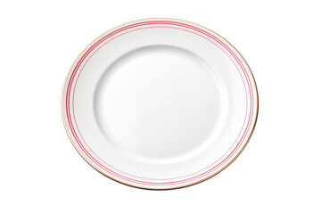 Elegant white plate with red and gold rim on black backdrop
