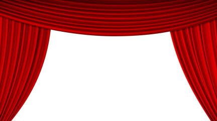 A red stage curtain is opening, the top edge is long and separated. Velvet curtain for a movie, concert or theater scene. PNG transparent.