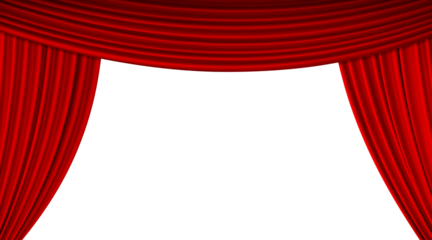 A red stage curtain is opening, the top edge is long and separated. Velvet curtain for a movie, concert or theater scene. PNG transparent.