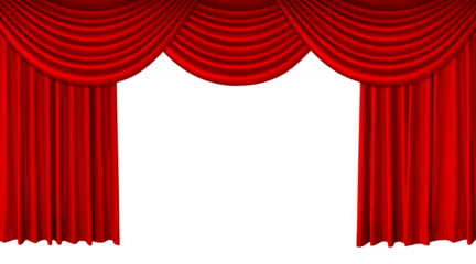 Red theater stage curtain, long top edge separated. Velvet curtain for movie, concert or theater scene. PNG transparent.