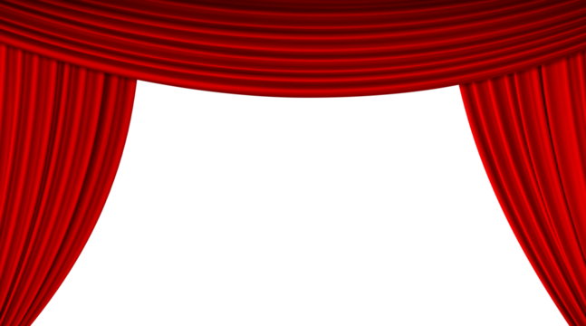 A red stage curtain is opening, the top edge is long and separated. Velvet curtain for a movie, concert or theater scene. PNG transparent.