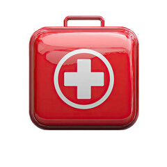 Obraz premium Shiny red square first-aid kit with a white cross in a circle on its lid and a handle on top