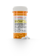 Hydrocodone Prescription Medicine Bottle and Pills on a Transparent Background. Transparent PNG.