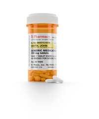 Generic Medication Prescription Medicine Bottle and Pills on a Transparent Background. Transparent PNG.