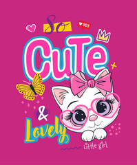 Cartoon Cute and Lovely Kitten with Heart Glasses on Pink Background Illustration