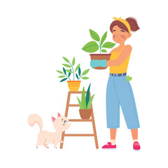 Woman Character Enjoy Plant Cultivation and Gardening Vector Illustration