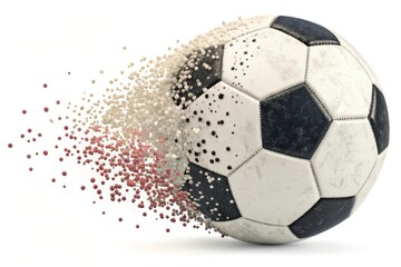Naklejka premium A dynamic soccer ball disintegrating into particles, showcasing motion and energy in a vibrant background
