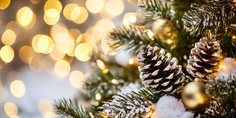 Obraz premium Snowy pinecone branch glowing with festive golden lights