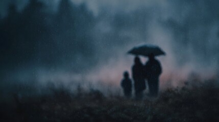 Blurred silhouettes of a family sheltering under an umbrella in the rain