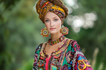 Fototapeta premium Beautiful young woman with braided hair wearing a colorful ethnic dress, turban, and jewelry posing in a park