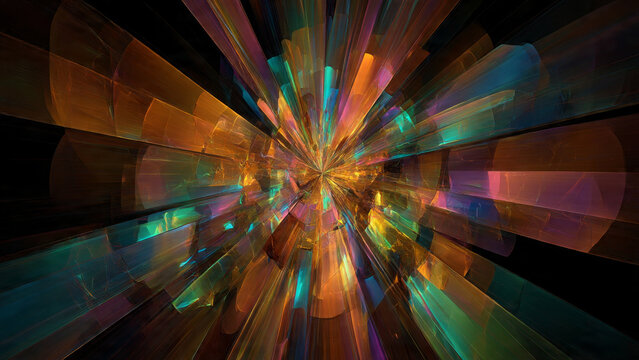 Chaotic fractal abstract background showing chromatic iridescent light. Energetic and dynamic digital explosion